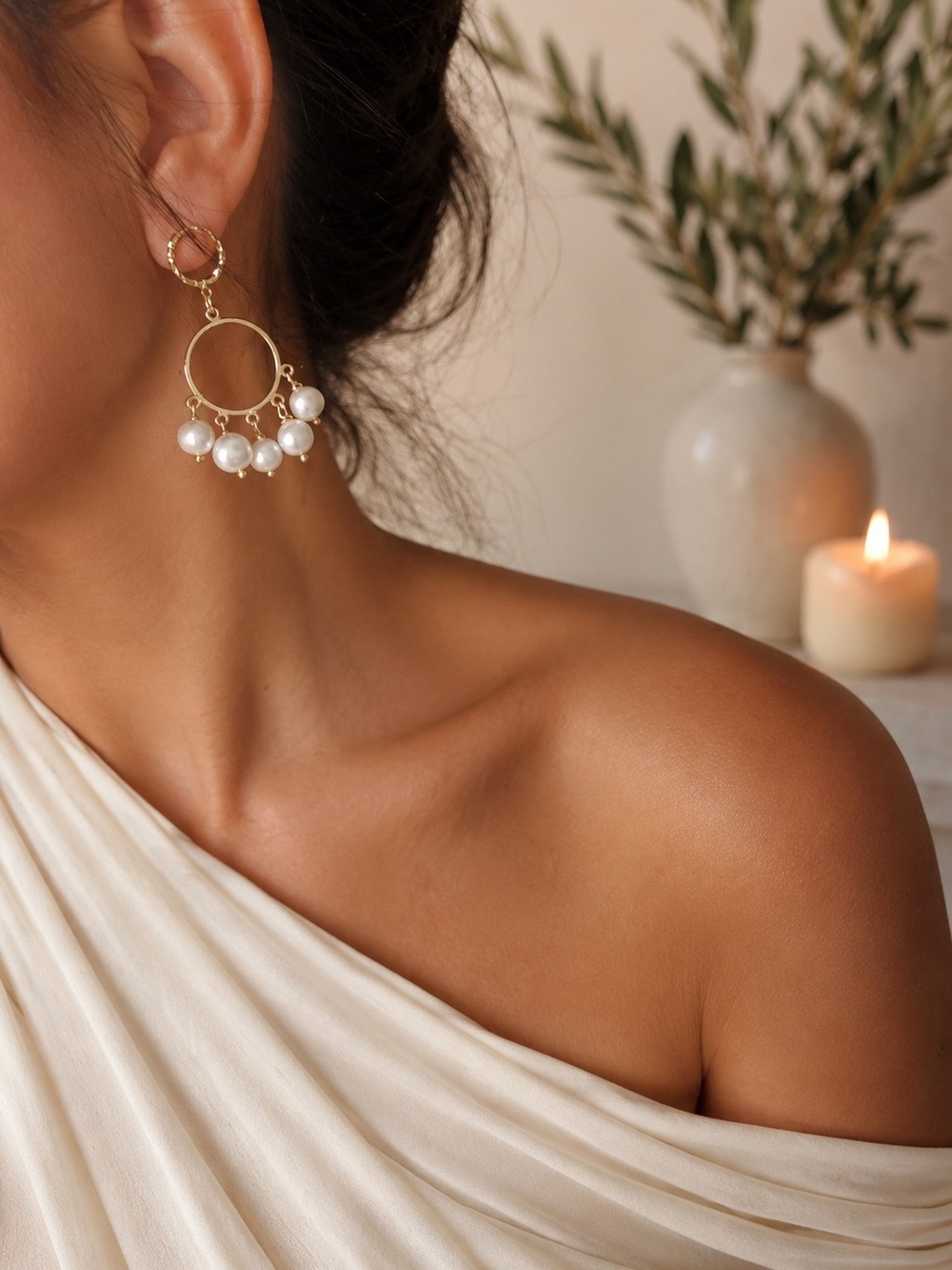 Gold Hoop Earrings with White Pearl Drops